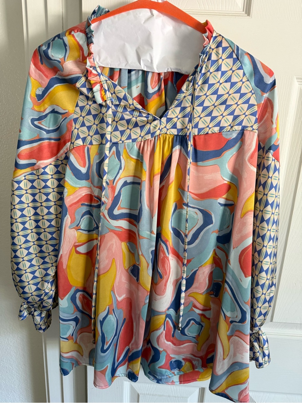 Multicolor Abstract Print Peasant Blouse - Women's Top